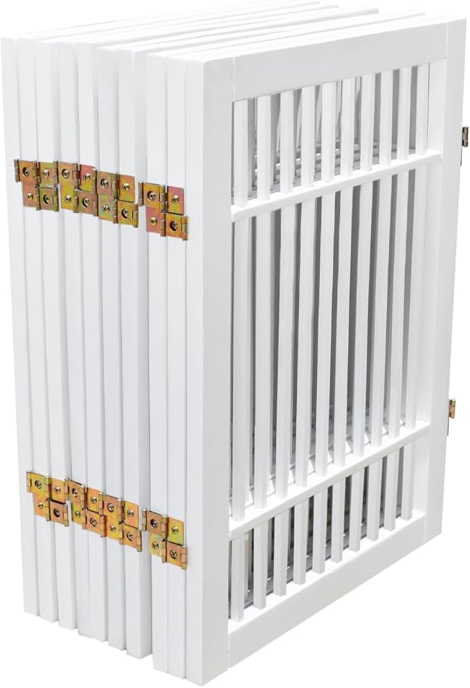 Urnporium Pet Dog Gate Freestanding, Strong Durable Folding Wooden Fence, Portable Acacia Hardwood Safety Barrier for Indoor & Outdoor Use (White Pet Gate, 10 Panel 24" Tall)