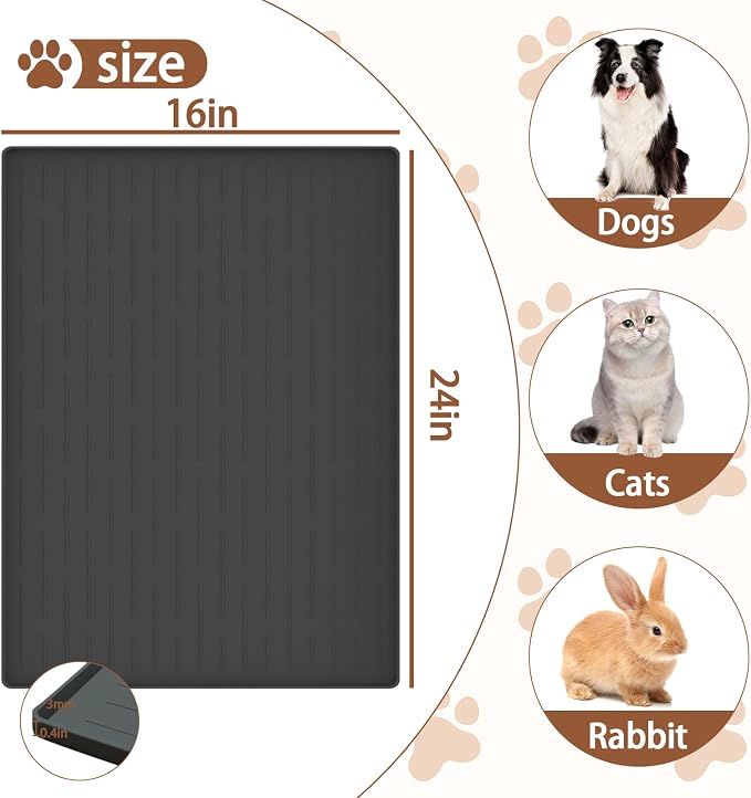 24"x16" Large Dog Food Mat, Silicone Dog and Cat Mats for Food and Water Bowls, Waterproof Raised Edge Pet Feeding Mat for Contain Spills Protects Floors, Multiple Colors & Sizes for Pets, Light Gray