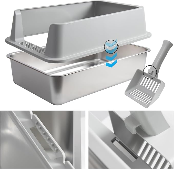 Stainless Steel Litter Box with Lid, XL Metal Litter Box, Anti-Urine Leakage Cat Litter Boxes Extra Large for Big/Multiple Cats, Never Absorbs Odors, Non-Stick, Includes Scooper and Mat