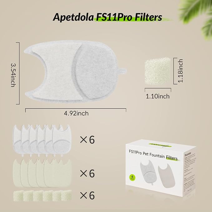 Cat Water Fountain Filter,6 Pack FS11PRO Cat Fountain Filter Replacement, 6 PCS Filters & 6 PCS Sponge Set for Stainless Steel Cat Dispenser,6 Layer Filters for Pet Fountain