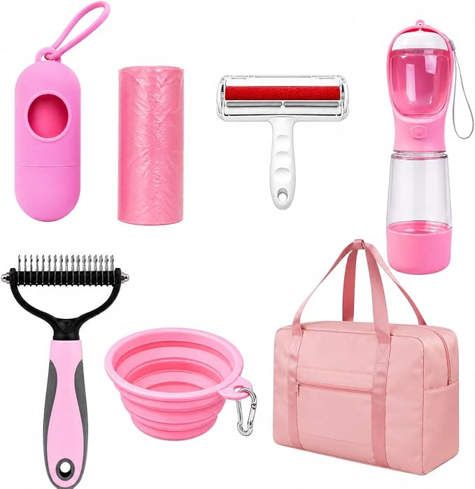 PawKit- All-in-one Dog Travel and Grooming Kit:- Deshedding Rake, Portable Water Bottle Feeder, Pet Hair Lint Roller, Collapsible Bowl, Poop Bag Dispenser, and a Travel Storage Bag. (Pink)