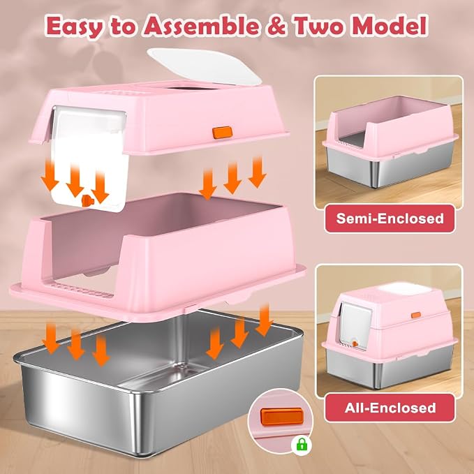 Vivifying Stainless Steel Litter Box with Lid, XL Front Entry Enclosed Extra Large Litter Box for Big Cats & Kitty, Top Exit Metal Cat Pan with Scoop, Mat, Footboard, Charcoal Filter (Pink)