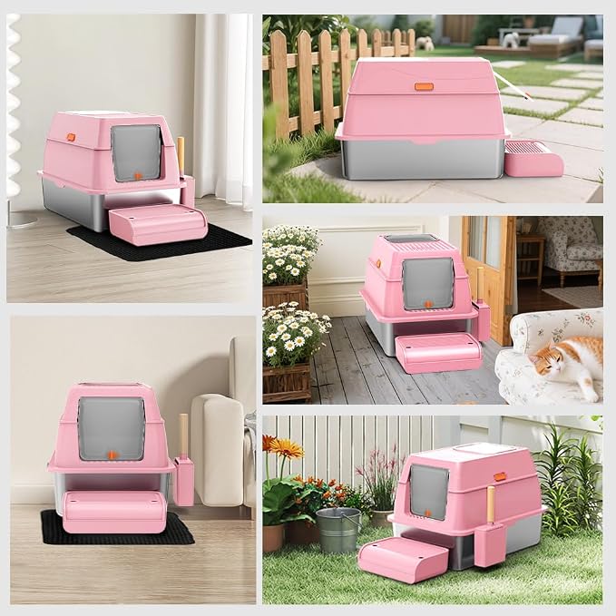 SZEE XL Stainless Steel Litter Box with Lid, Extra Large Metal Covered Litter Box, Stainless Box Easy Clean, Activated Charcoal Odor Control Design, Includes Litter Scoop & Mat & Step, Pink