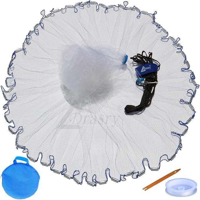 Drasry Saltwater American Fishing Cast Net 3/8inch Mesh Size for Bait Shrimp Trap Fish Heavy Duty Sinkers Throw Net 3FT/4FT/5FT/6FT/7FT/8FT/9FT/10FT Radius