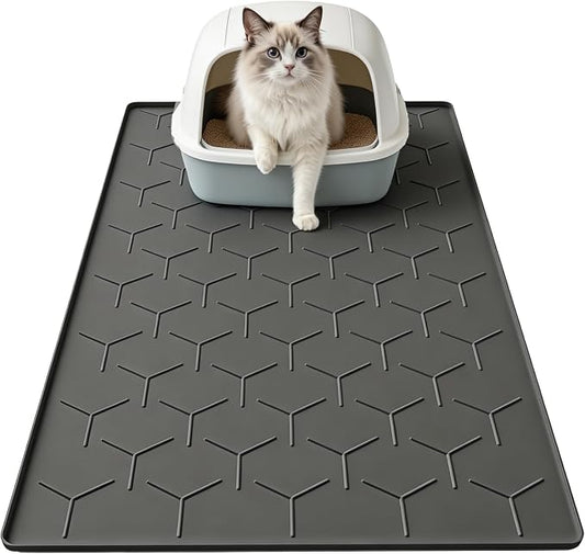 Garoopion Silicone Cat Litter Trapping Mat, Large Waterproof 34.05×22.5 inch Cat Litter Box Mat, Easy to Clean, Black
