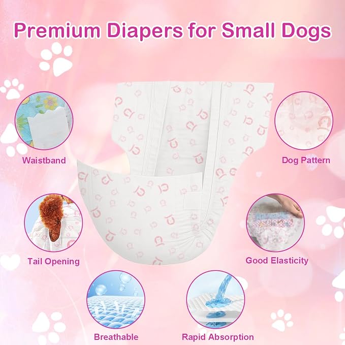 90 Count Disposable Dog Diapers Female, Super Absorbent Pink Puppy Doggie Diapers for Small Female Dogs Urination or Incontinence (Waist 10-16.5 in S)