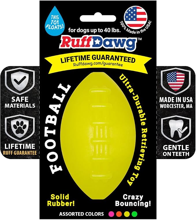 Ruff Dawg Indestructible Football Medium 4” Yellow – Heavy-Duty Solid Rubber Dog Fetch Toy for Dogs Up to 40 lbs – Floats & Crazy Bounce – Made in USA