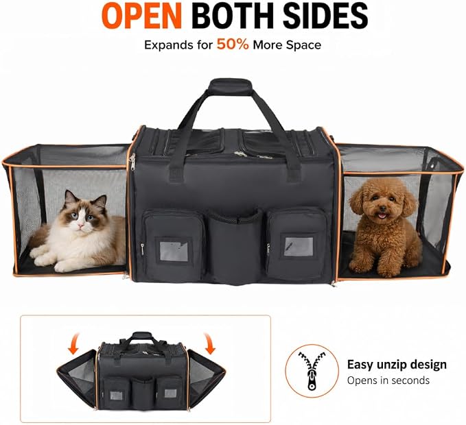 2 in 1 Large Rolling Cat Carrier for 2 Cats, Expandable Double Pet Carrier with Wheels, Removable Divider, Travel Crate for Car/Camping/Vet