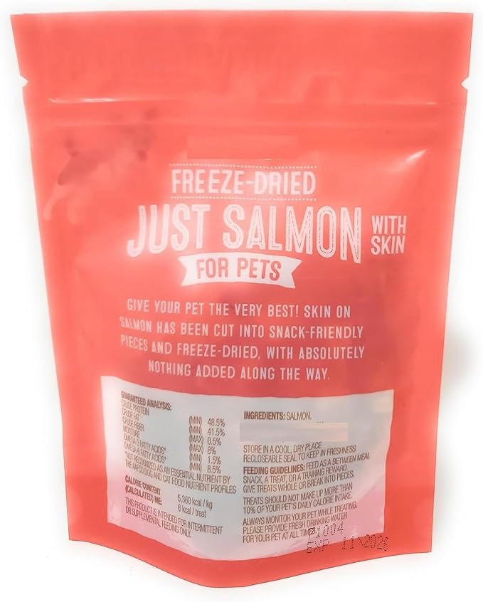 Freeze-Dried Just Salmon with Skin for Pets, Dog and Cat Treats and Food Topper 1.5oz/43g - Pack of 1