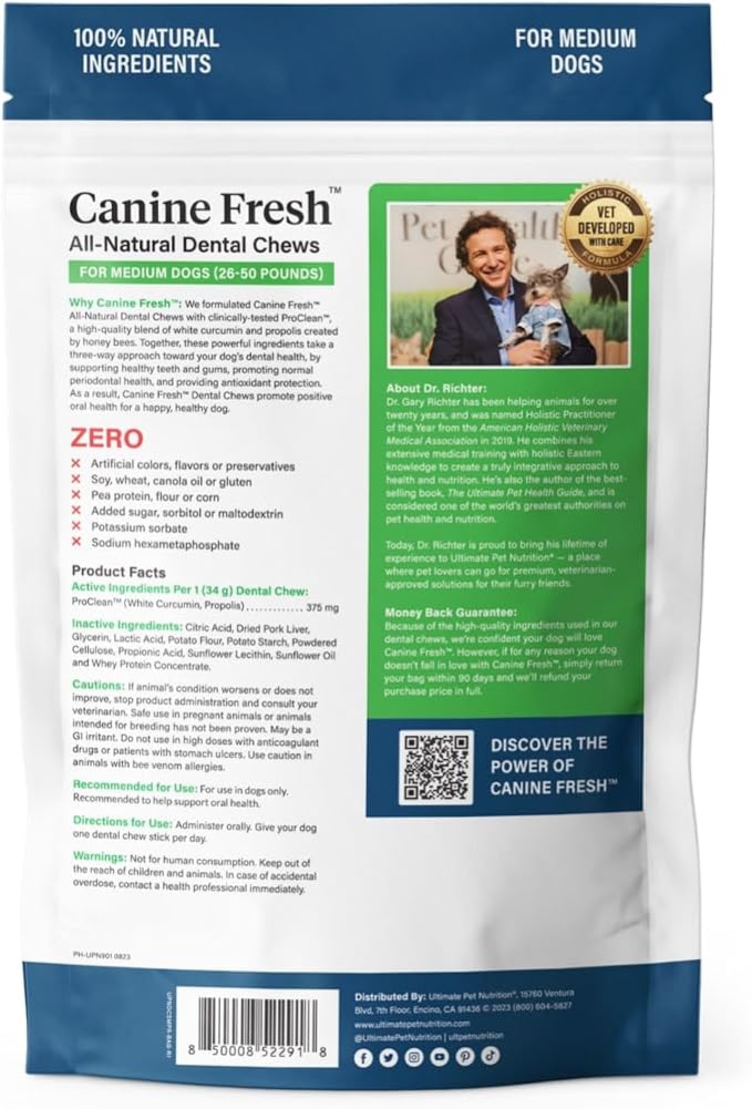 ULTIMATE PET NUTRITION Canine Fresh Dental Chews, Dental Dog Treats, Oral Care and Hygiene Sticks, Soothes Gums, Vet Developed, 15 Chews (Medium)