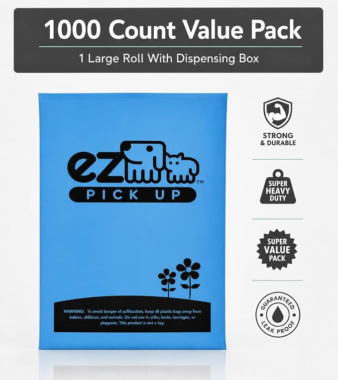 EZ Pickup 1000 Count Dog Waste Poop Bags, Unscented | Pet Waste Disposal Bag, Leak Proof, Large 8"x13", Puppy Dog Walking Clean Up