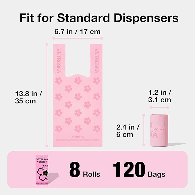 VETRESKA Dog Poop Bags with Handles 120 Count, Floral Scented Waste Bags, Leak-Proof Thick Dog Bags for Poop, Easy-Tie Large Poop Bags, 8 Refill Rolls for Dog Walking Cat Litter