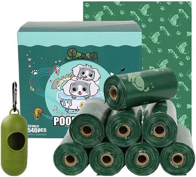 540 Biodegradable Pet Poop Bags (36 Rolls) - 9x13 Inch XL Cat Print Waste Bags for Dogs & Cats - Leak-Proof, Ultra-Thick, Scented with Leash Dispenser & Carabiner Clip, Green