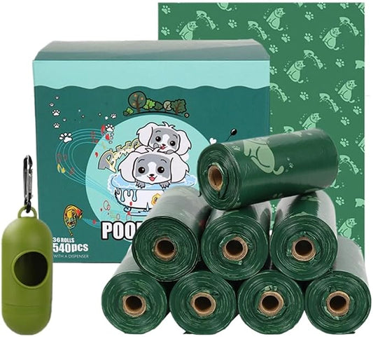 540 Biodegradable Pet Poop Bags (36 Rolls) - 9x13 Inch XL Cat Print Waste Bags for Dogs & Cats - Leak-Proof, Ultra-Thick, Scented with Leash Dispenser & Carabiner Clip, Green