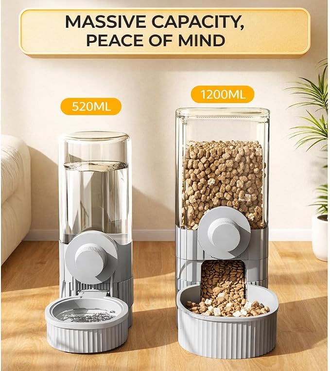 Hanging Automatic Food and Water Dispenser, Gravity Rabbit Feeder Set, Cage Cat Food Bowl Dog Feeding Station for Puppy and Kitten Rabbit Chinchilla Hedgehog Ferret (for Cage Grid Over 1.2”)