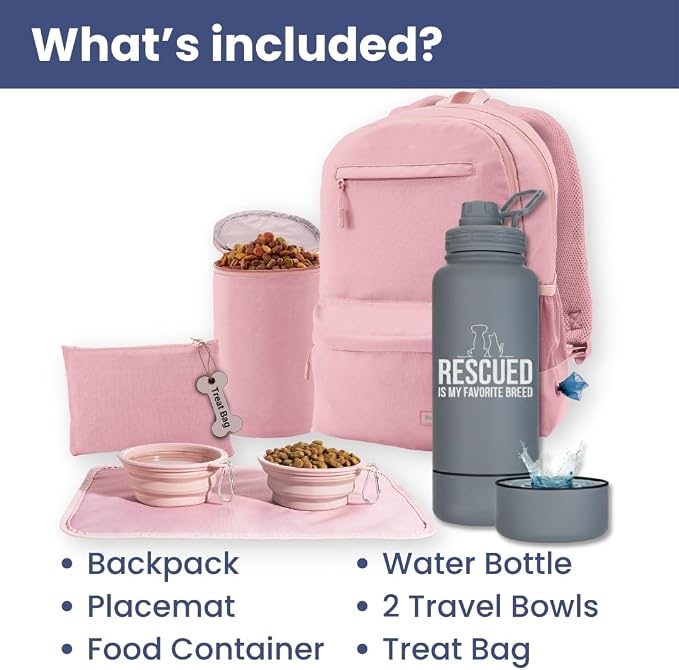 Rubyloo The Original Doggy Bag Backpack (Dusty Pink) & 32oz Insulated Water Bottle with Attached 8oz Bowl (Rescued is My Favorite Breed) – Dog Travel Backpack & Hydration Set