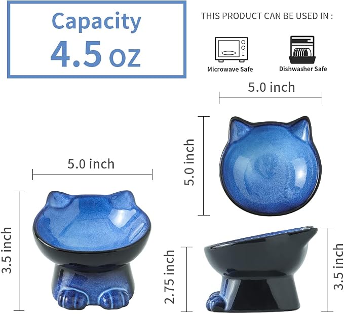 Nihow Slanted Elevated Cat Bowls: 5 Inch Ceramic Raised Cat Food Bowl for Protecting Pet's Spine - Microwave & Dishwasher Safe -Elegant Blue & Black (4.5 OZ /1 PC)
