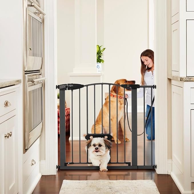 MYPET EasyPass Deco Wide Pet Gate: 29.75" - 40.5" Wide Dog Gate with Adjustable Pass-Thru Pet Door; Pressure Mounted, No Tools Needed, 31" Tall, Graphite Gray