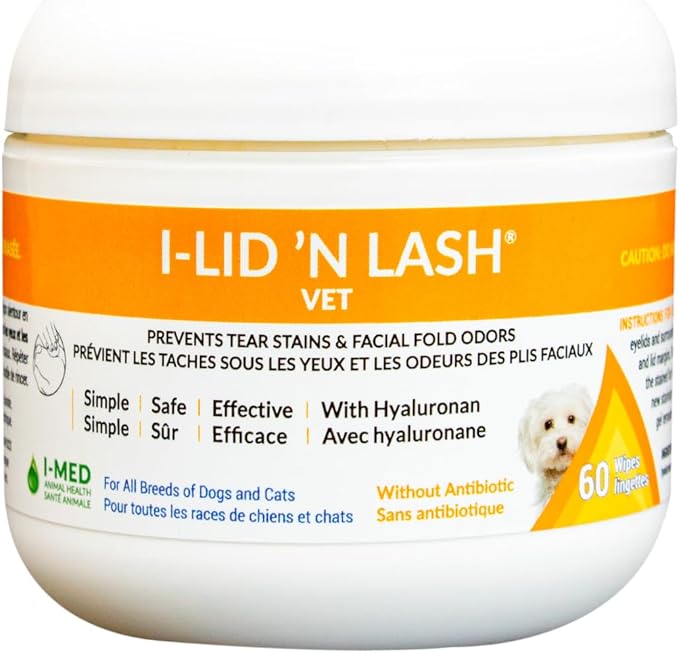 I-LID ’N LASH Vet Dog Eye Wipes - Tear Stain Preventer for Dogs (60 Wipes) | Prevents Puppy Tear Stains with Hyaluronan | Cat Eye Wipes for Discharge - No Antibiotics or Harmful Chemicals