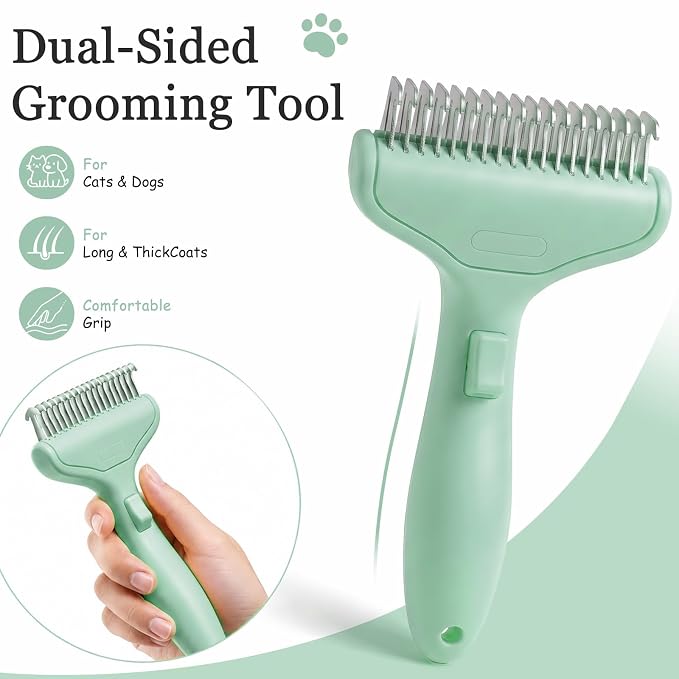 Dog Brush and Cat Deshedding Rake, Pet Grooming Tool for Shedding with Rounded Stainless Steel Teeth, Comfortable Grip for Long or Thick Coats (Style 2 Green)