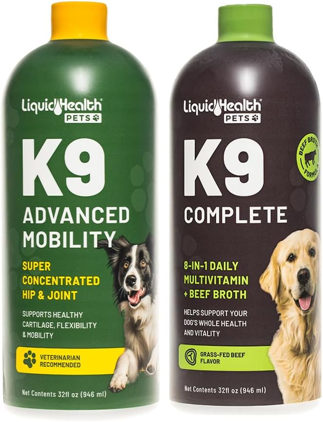 LIQUIDHEALTH Pets K9 Advanced Mobility Glucosamine Chondroitin Hip & Joint Formula & K9 Complete 8-in-1 Multivitamin - Dogs & Puppies Supplement Bundle for Joint Health, Immune Support - USA Made