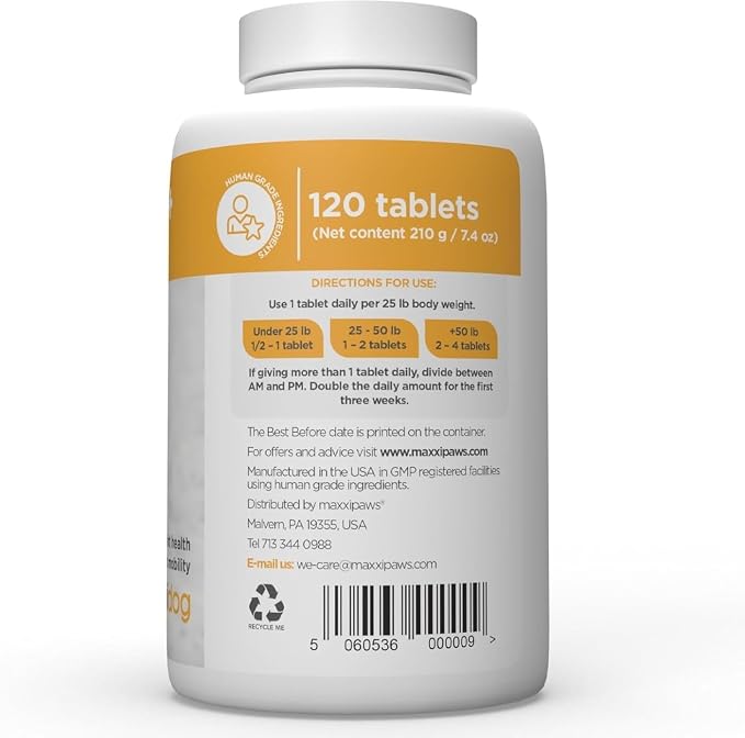 maxxipaws - maxxiflex+ Hip & Joint Supplement for Dogs with Glucosamine, Chondroitin, MSM & Collagen | Mobility, Flexibility & Discomfort Support | Senior, Adult & All Breeds | 120 Tablets