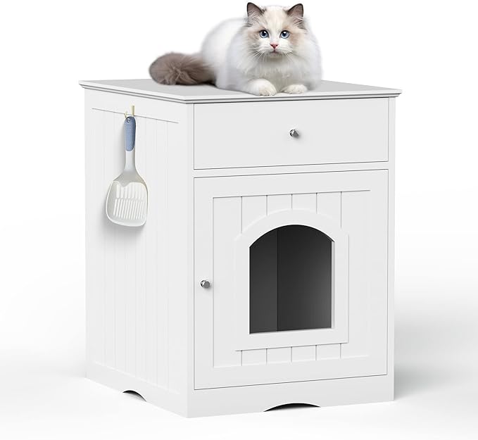 Cat Litter House, Enclosure Cat Litter Box Furniture with Doors Storage Drawer Indoor Cat Washroom Storage Side Table Cat House Large Wooden Enclosure Litter Box