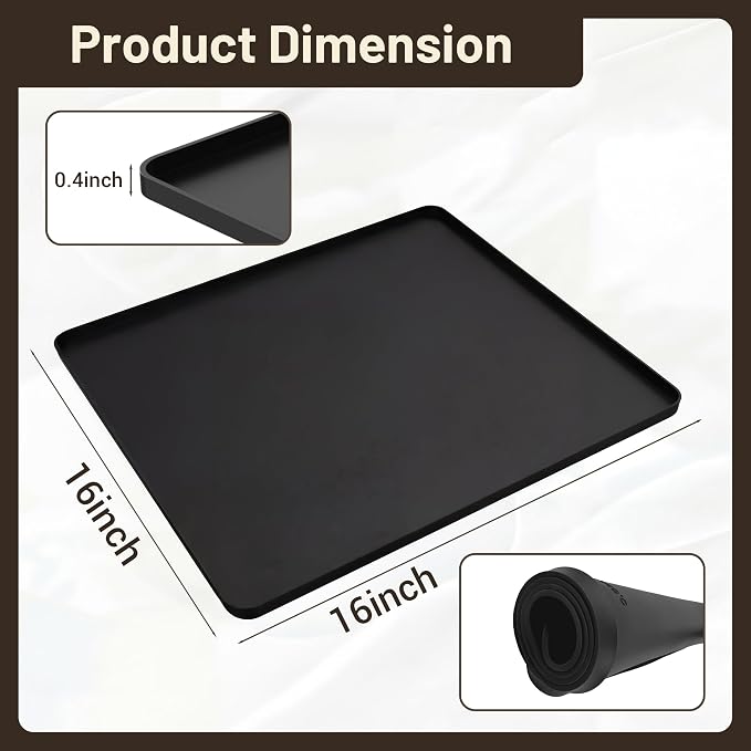 Silicone Coffee Mat for Countertop, 16x16 inch - Heat Resistant Espresso Machine Mat with Raised Edge, Non-Slip Waterproof Station Pad, Compact Coffee Bar & Kitchen Accessories - Black