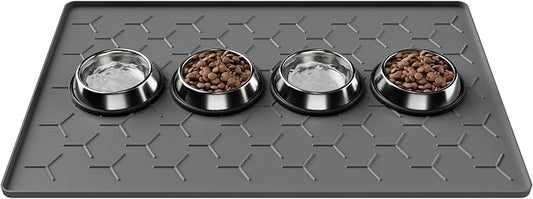 Pieviev 34''x22'' Dog Cat Food Bowl Mat, Silicone Waterproof Food Grade Pet Food Mat for Floor, High Raised Edge to Prevent Spills, Non-Slip & Easy Clean Pet Placemat for Dog & Cat Bowls, Dark Gray