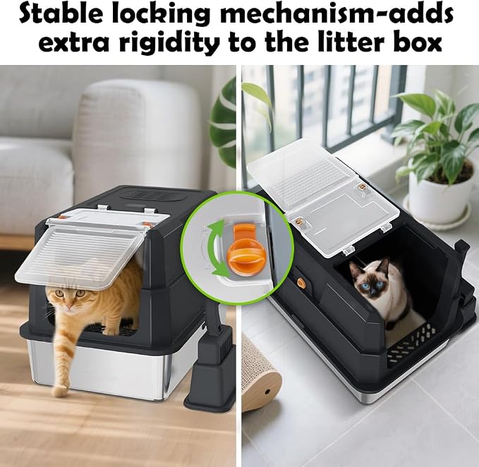 SZEE Stainless Steel Cat Litter Box with 180°Flip-Top Lid, Easy Clean XL Enclosed Litter Box, Large Covered Steel Cat Box with Scoop, Odor Control and Anti-Urine Leakage, 23.2 * 15 * 15 Inch, Black