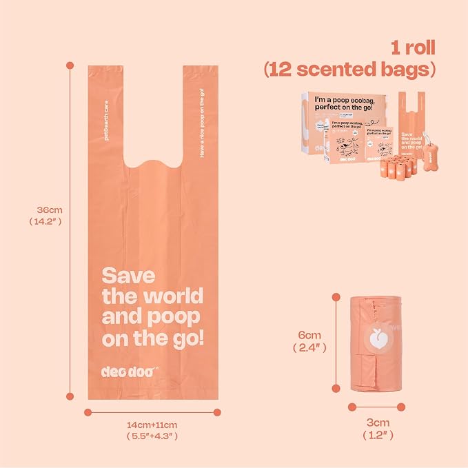 Deo Doo Dog Poop Bags with Handles 30 Rolls 360 Counts Big Sizes Leak Proof and Extra Thick Waste Bags Refill Rolls for Walking Small Medium Large Dogs Cats Litter Peach Scented