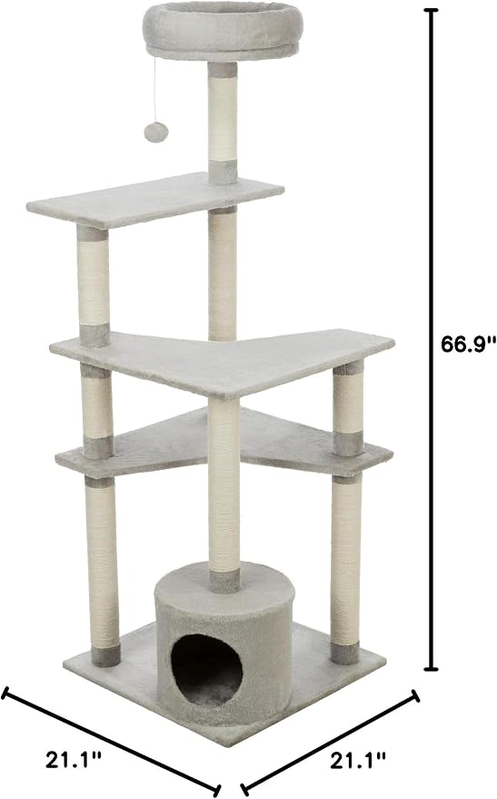 TRIXIE Seli Cat Tree – Cat Tower with Sisal Posts, Condo, Padded Platforms & Hanging Toy – Cat Furniture for Indoor Cats – Gray, 21.1" x 21.1" x 59.1"