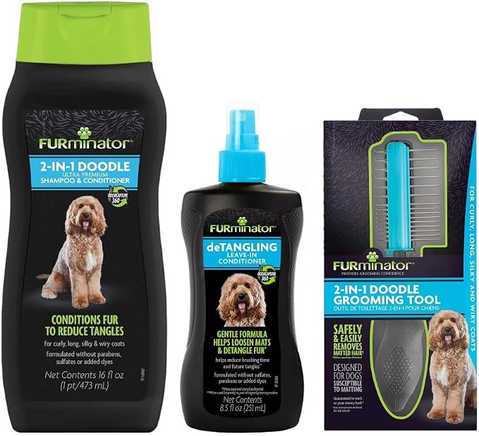 FURminator Doodle Bundle | FURminator 2-in-1 Doodle Grooming Tool for Dogs, 2-in-1 Ultra Premium Shampoo & Conditioner 16oz & deTangling Leave-in Conditioner Spray 8.5oz