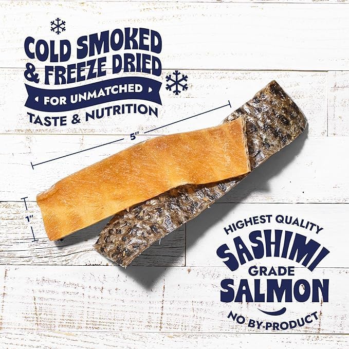 Finfare Freeze Dried Salmon Skin Treats for Dogs, Protein & Omega-3s, Grain Free Salmon Dog Training Treats, Crafted in USA, Strips - 4oz