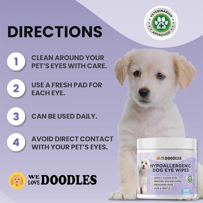 We Love Doodles Dog Eye Wipes & Dog Slicker Brush - Pre-Soaked Eye Wipes for Dogs, Tear Stain Remover for Dogs, Pet Eye Wipes, Long Pin Brush for Dematting, Dog Brush for Grooming Pet Hair