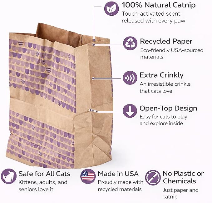 Catnip Infused Crinkly Paper Bag Cat Toys - All Natural & Recycled Materials - Made in USA - Interactive Hide and Seek for Indoor Cats and Kittens - (2-Pack, Catnip)