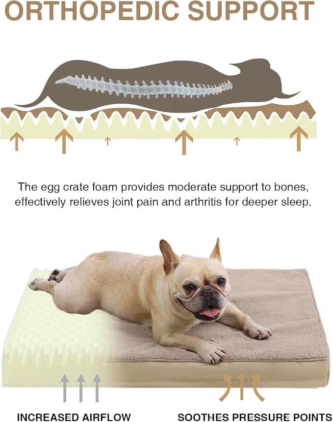 KSIIA Orthopedic Dog Bed Crate Waterproof Pet Mats for Small Dogs Deluxe Plush Washable Pet Bed with Egg Crate Foam & Removable Cover, 23 x 17 Inch, Khaki