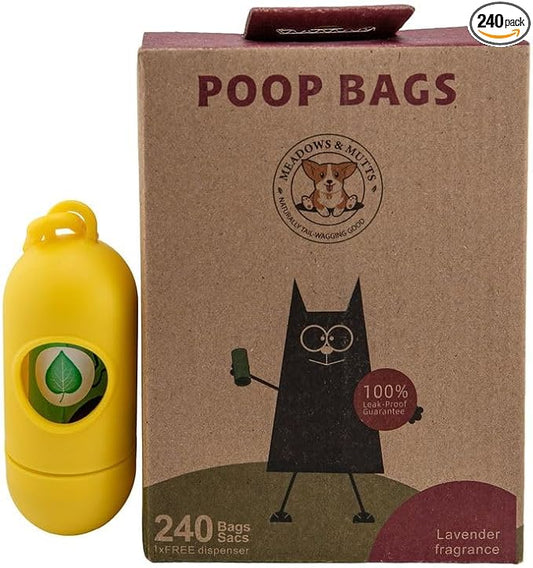 MEADOWS & MUTTS Dog Poop Bags with Dispenser - 240 Count Compostable Biodegradable Plant Based Pet Waste Bags | Leak Proof Extra Thick | Lavender Scented Puppy Poop Bags
