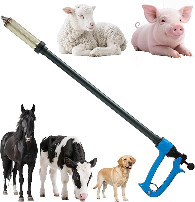50 ML Livestock Iong Shot Pole Syringe, Cattle Syringe Gun | with Luer Lock 5 Gears Adjustable Continuous Repeating Veterinary Vaccine Injector for Cattle, Horses, Sheep & Pigs