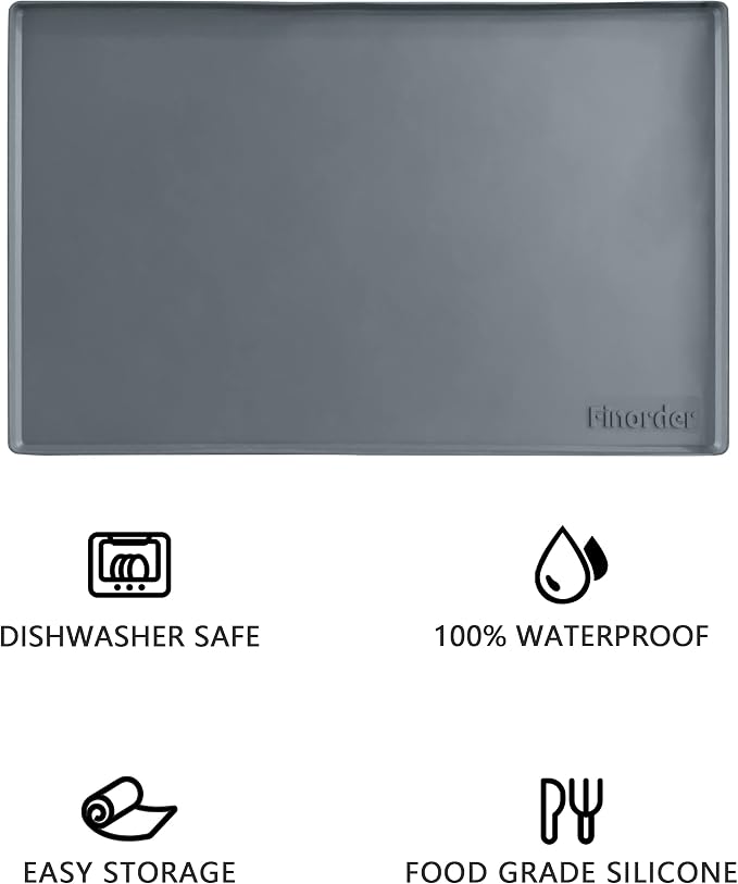 Finorder 34"x 21" 100% Silicone Pet Feeding Mat, Higher Raised Edges and Slip Resistant Pet Food and Water Bowl Mat, Waterproof Pet Food Placemat Silicone Tray, Dishwasher Safe (Grey)