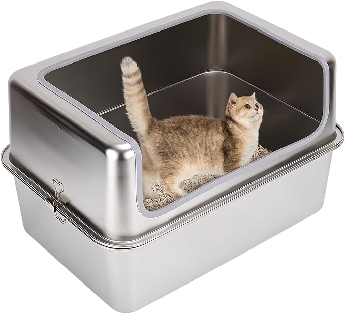 Stainless Steel XL Cat Litter Boxes with Metal Lid,20x14x12'' Extra Large Kitty Litter Pan with High Wall Enclosure-Odor Free&Easy to Clean