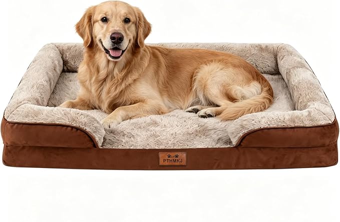 Orthopedic Dog Bed for Extra Large Dogs - Gel Memory Foam Pet Bed with Waterproof & Washable Cover, Contoured Bolster Design for Dogs & Cats (Brown, 44.0" L x 31.5" W x 7.5" Th)