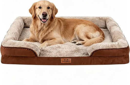 Orthopedic Dog Bed for Extra Large Dogs - Gel Memory Foam Pet Bed with Waterproof & Washable Cover, Contoured Bolster Design for Dogs & Cats (Brown, 44.0" L x 31.5" W x 7.5" Th)