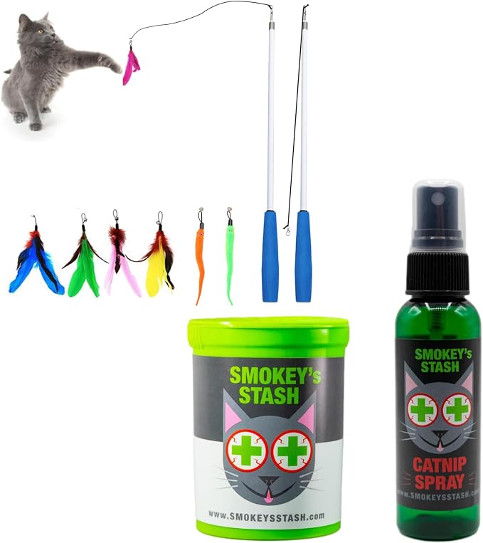 Smokey's Stash Cat Catnip Spray, Dried Organic Catnip, 2pc Fishing Poles and Funny Toy Refills