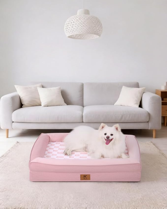 KSIIA Big Dog Bed for XL Dogs, Orthopedic Egg-Crate Memory Foam Pet Bed with Sides, Waterproof Lining and Non Slip Pet Couch with Removable Washable Cover, 44 x 32 Inch, Pink