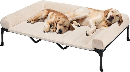 Veehoo Orthopedic Elevated Dog Bed with Fluffy Plush Bolster Cushion, Indoor Raised Dog Beds for Large Dogs, Soft Pet Sofa Cot with Removable Washable Mat, No-Slip Feet, 59 x 37 inches, Cream White