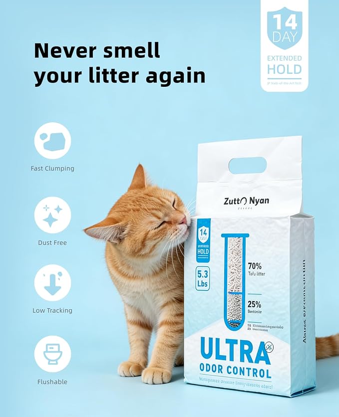 Zutto Nyan 4 in 1 Tofu Cat Litter - Fast Clumping, Flushable, Low Tracking, 99.9% Dust Free. Nature Plant-Based Pellets and Bentonite Sustainable,Ultra Odor Control (5.3lb x 2 Bag)