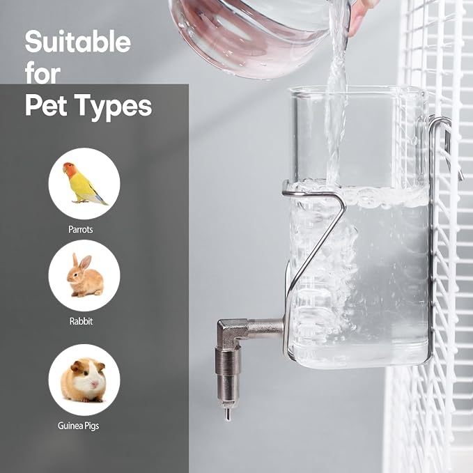 Premium Stainless Steel & Glass Pet Water Bottle - Firing Pin No-Drip Dispenser for Rabbits/Parrots/Rodents | 3 Size Options with Universal Cage Mount (600ml)