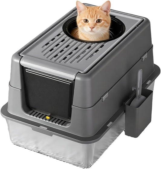 Stainless Steel Cat Litter Box with Dual Entry, Large 24”Enclosed Pan with Front Door & Top Entrance, 180° Flip-Top Lid for Easy Cleaning & Odor Control, for Large Cats & Multi-Cat Homes-Light Black