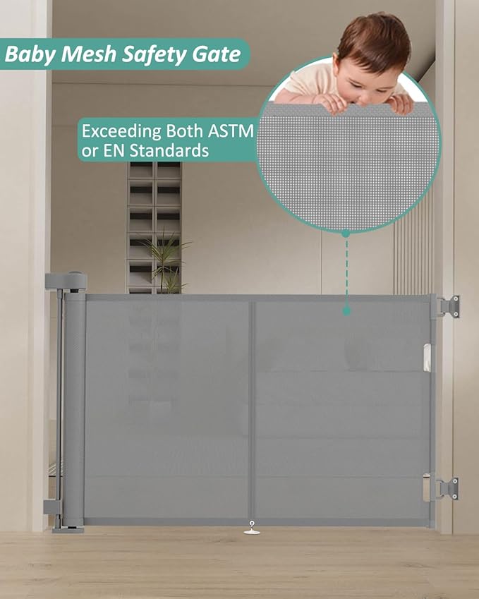 Miumoon 59 inch Retractable Baby Gates 34 inch Tall, Retractable Gate with Reinforced Strip Design to Prevent Crawling Through, 5 FT Retractable Dog Gate for Stairs, Doorways, Hallways, Indoor/Outdoor